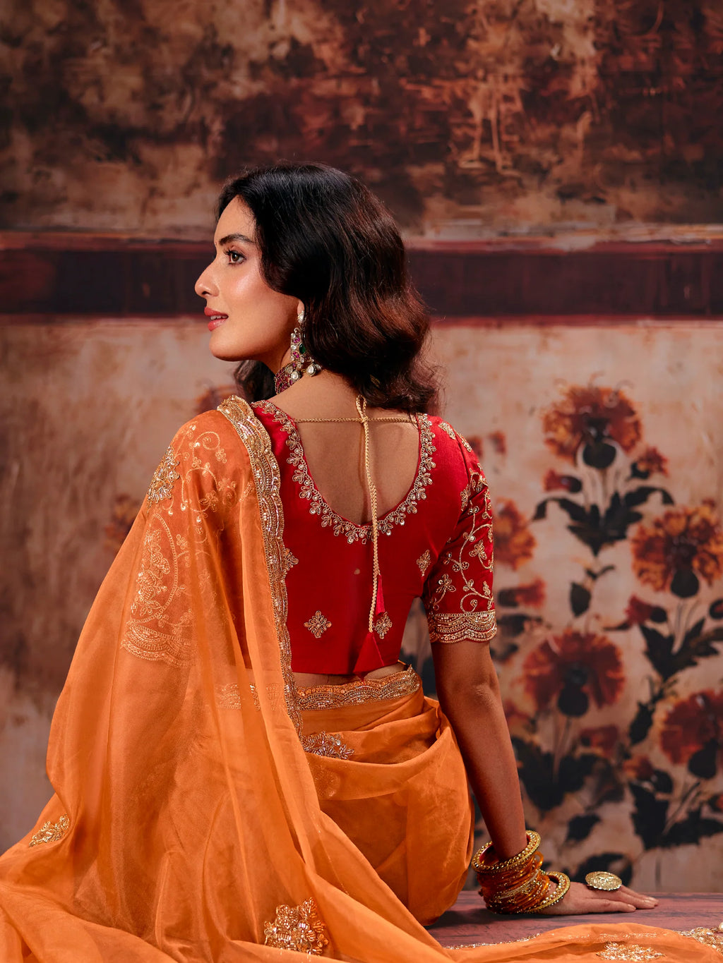Nayoora Rust Orange Fancy Fabric Embroidered Designer Saree With Contrast Red Blouse