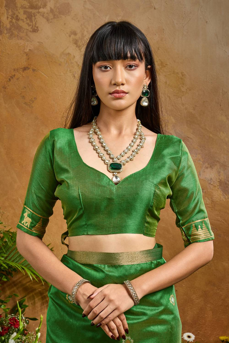 Nayoora Green Tussar Silk Handloom Saree with Traditional Zari Border