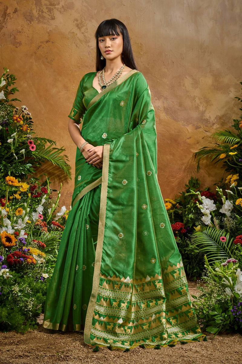 Nayoora Green Tussar Silk Handloom Saree with Traditional Zari Border