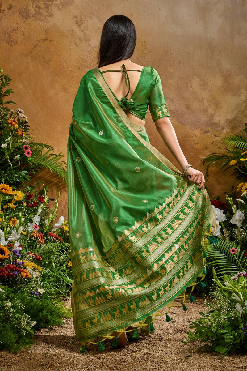 Nayoora Green Tussar Silk Handloom Saree with Traditional Zari Border