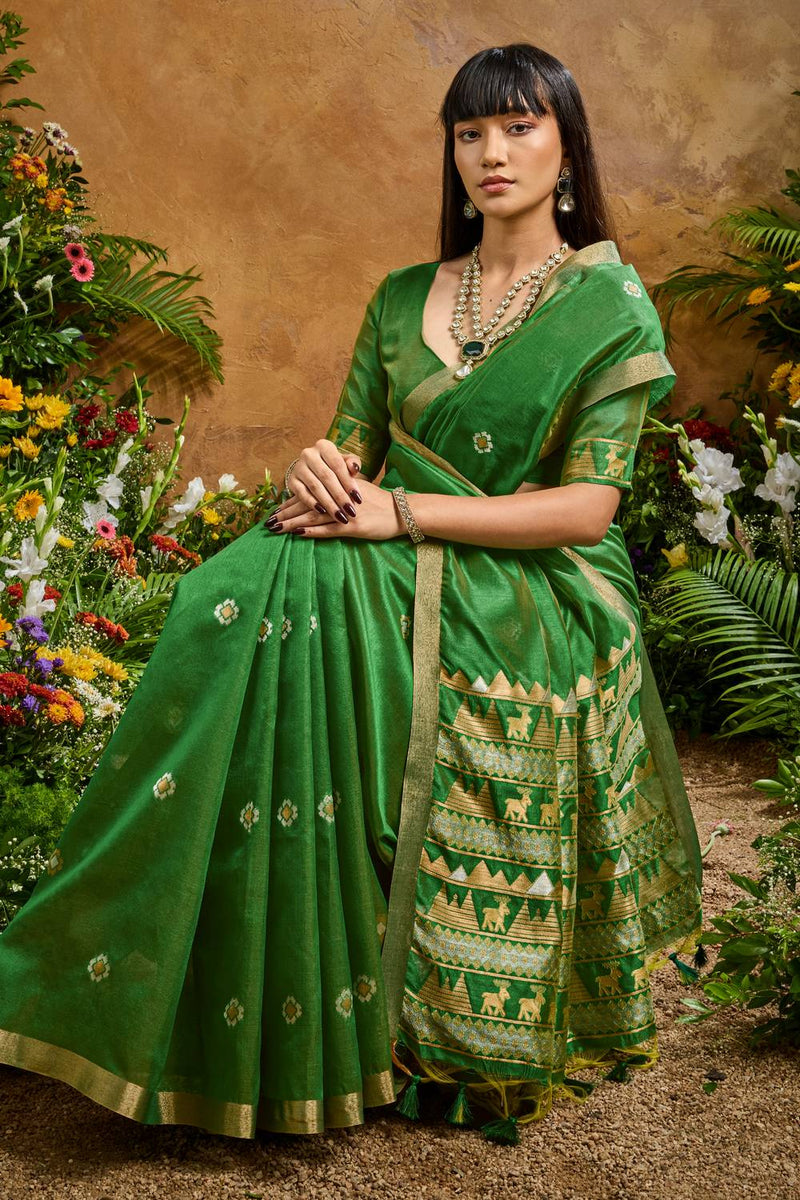 Nayoora Green Tussar Silk Handloom Saree with Traditional Zari Border
