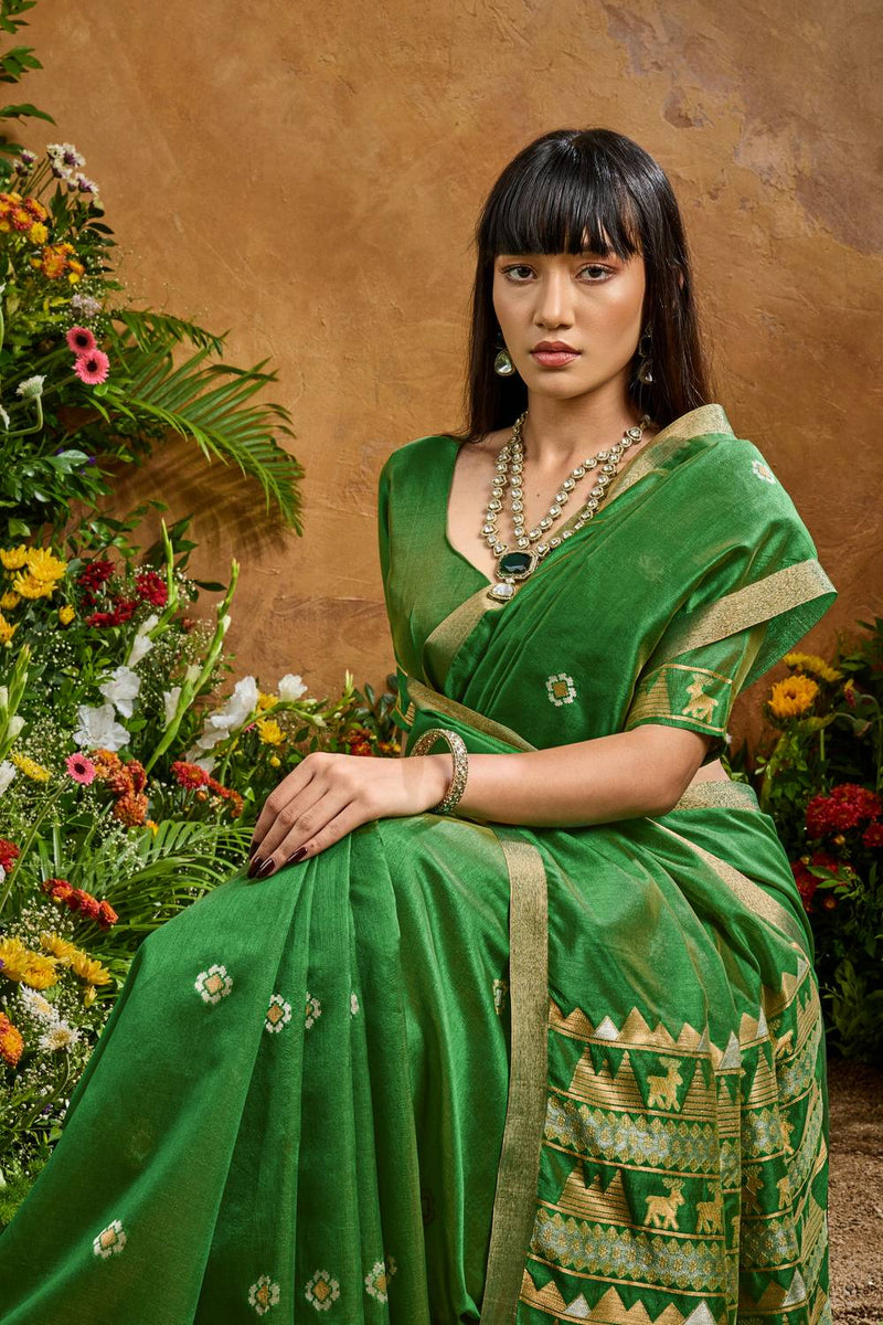 Nayoora Green Tussar Silk Handloom Saree with Traditional Zari Border