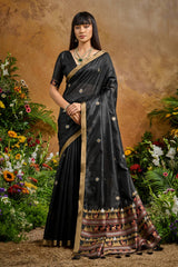 Nayoora Black Tussar Silk Handloom Saree with Traditional Woven Border