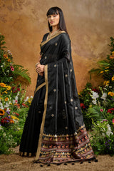 Nayoora Black Tussar Silk Handloom Saree with Traditional Woven Border
