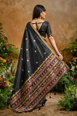 Nayoora Black Tussar Silk Handloom Saree with Traditional Woven Border