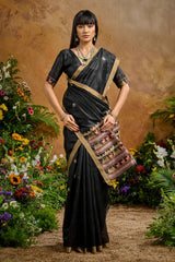 Nayoora Black Tussar Silk Handloom Saree with Traditional Woven Border