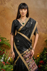 Nayoora Black Tussar Silk Handloom Saree with Traditional Woven Border