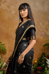 Nayoora Black Tussar Silk Handloom Saree with Traditional Woven Border