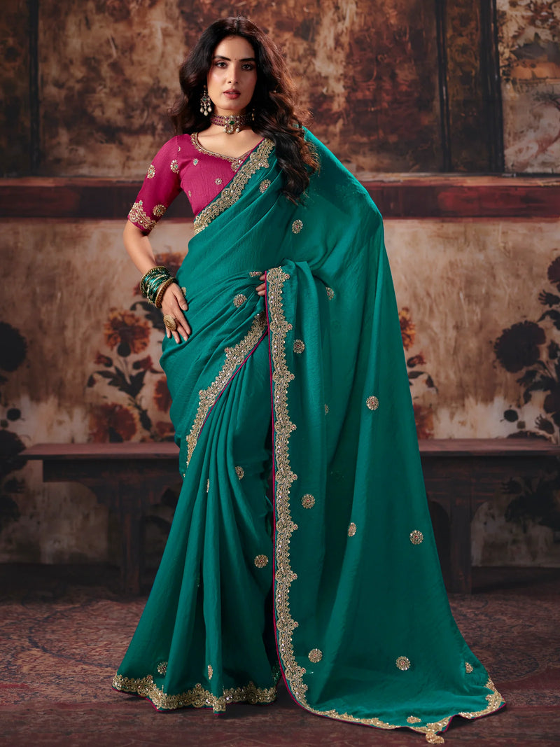 Nayoora Teal Green Fancy Fabric Embroidered Designer Saree
