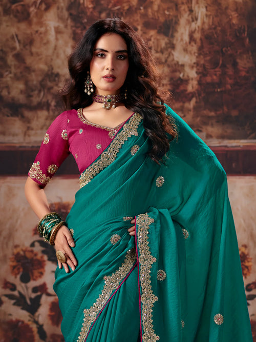 Nayoora Teal Green Fancy Fabric Embroidered Designer Saree