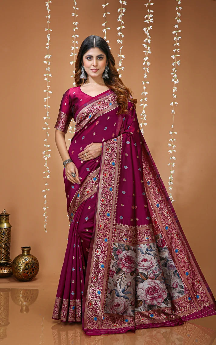 Nayoora Wine Floral Banarasi Lichi Silk Saree