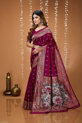 Nayoora Wine Floral Banarasi Lichi Silk Saree
