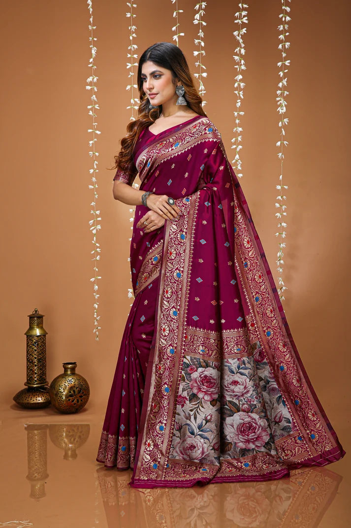Nayoora Wine Floral Banarasi Lichi Silk Saree