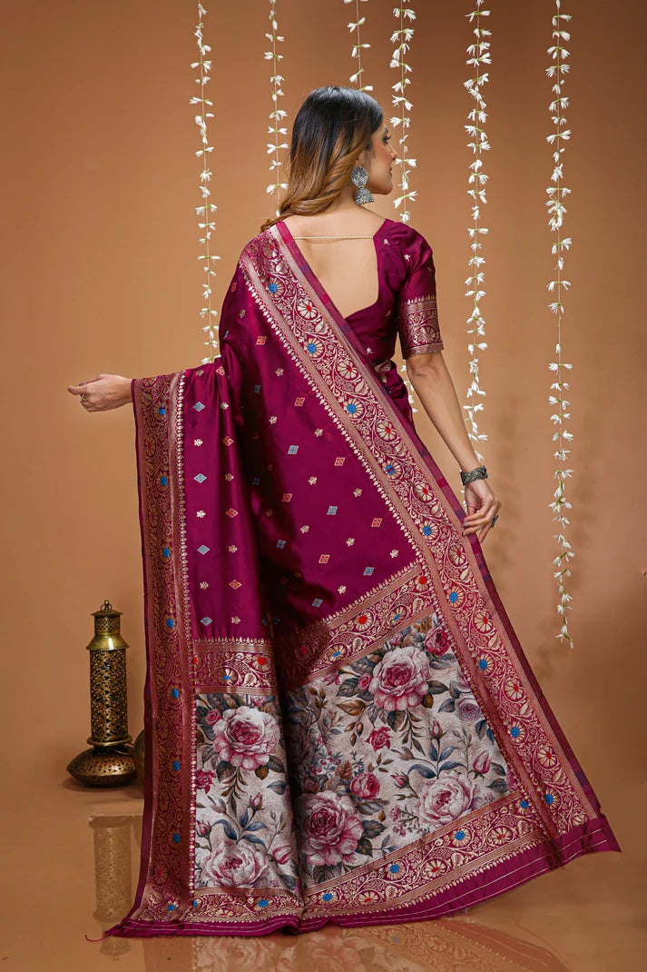 Nayoora Wine Floral Banarasi Lichi Silk Saree
