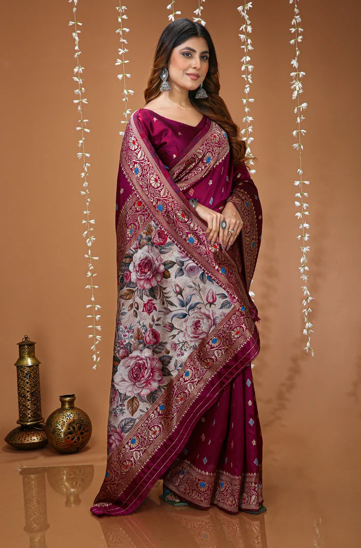 Nayoora Wine Floral Banarasi Lichi Silk Saree