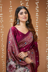 Nayoora Wine Floral Banarasi Lichi Silk Saree