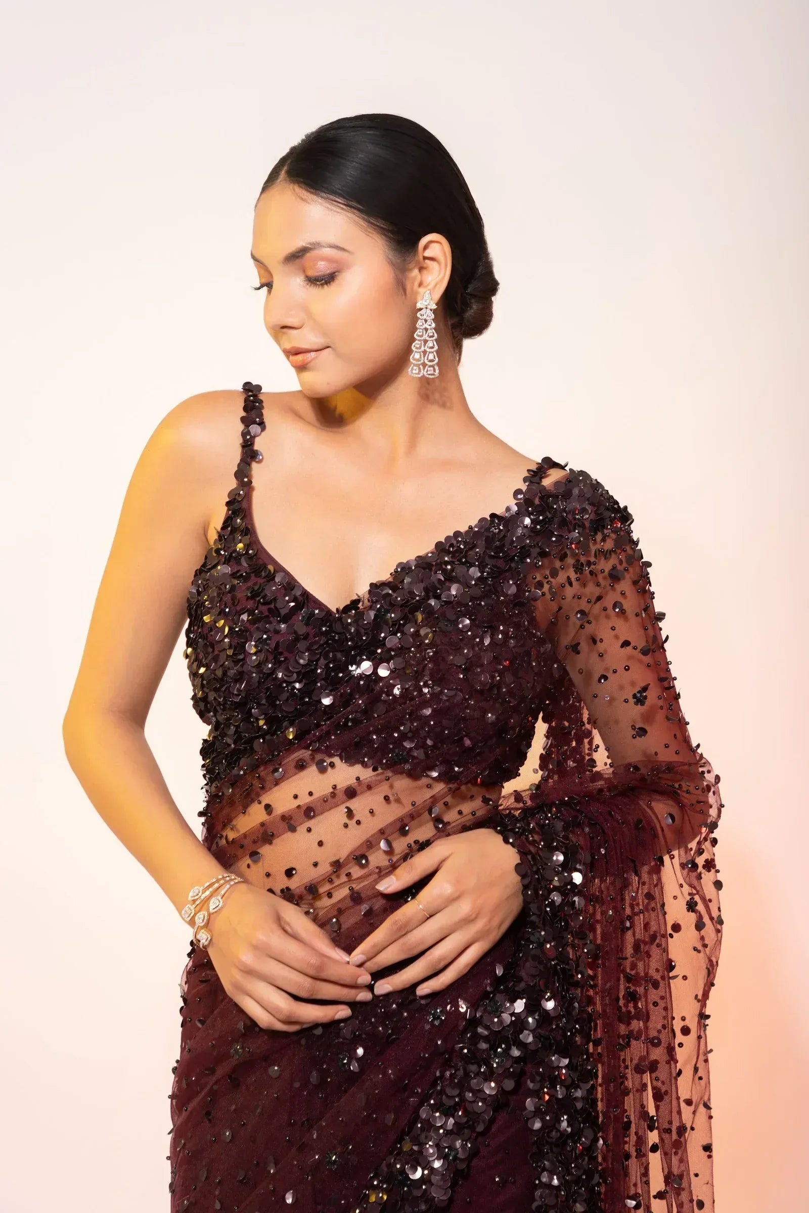Nayoora Luxe Deep Wine Hologram Sequin Net Cocktail Saree - Nayoora