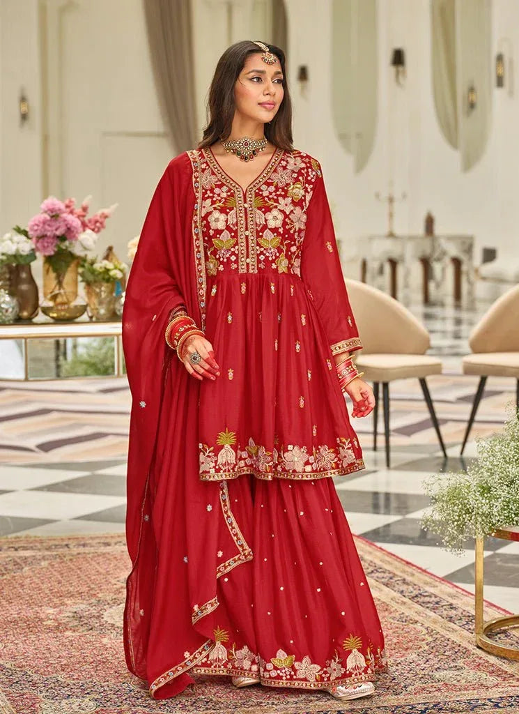 Nayoora Luxe Chinon Floral Embroidered Peplum Sharara Suit Set - Nayoora