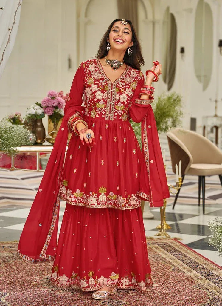 Nayoora Luxe Chinon Floral Embroidered Peplum Sharara Suit Set - Nayoora