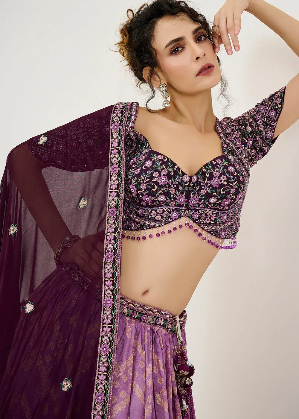 Nayoora Luxe Ombre Violet Chevron Jacquard Couture Readymade Lehenga - Nayoora