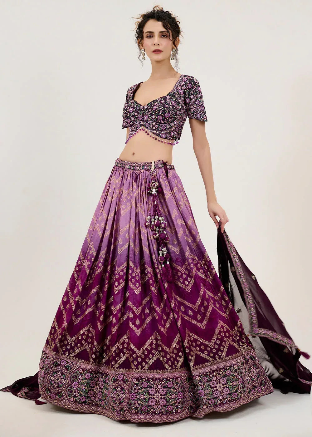 Nayoora Luxe Ombre Violet Chevron Jacquard Couture Readymade Lehenga - Nayoora