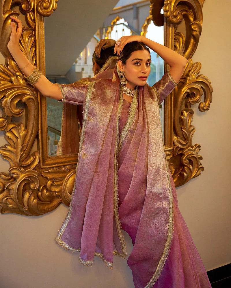 Nayoora Rose Pink Tissue Shimmer Saree with Zari Weaving & Sequins Lace Border