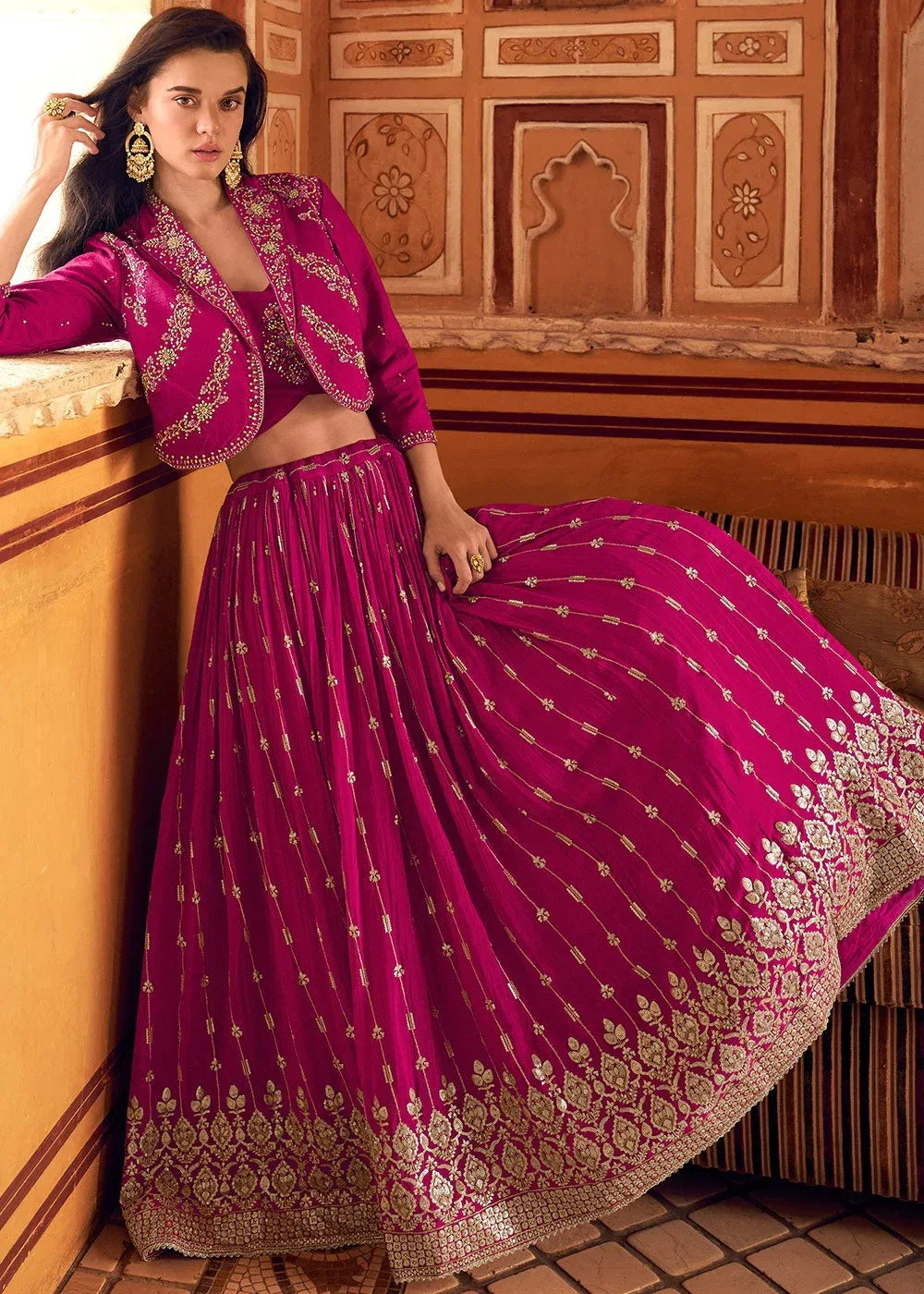Nayoora Luxe Magenta Pink Chinon Silk Embroidered Jacket Style Fusion Lehenga - Nayoora