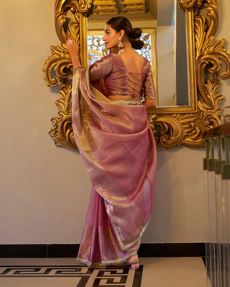 Nayoora Rose Pink Tissue Shimmer Saree with Zari Weaving & Sequins Lace Border