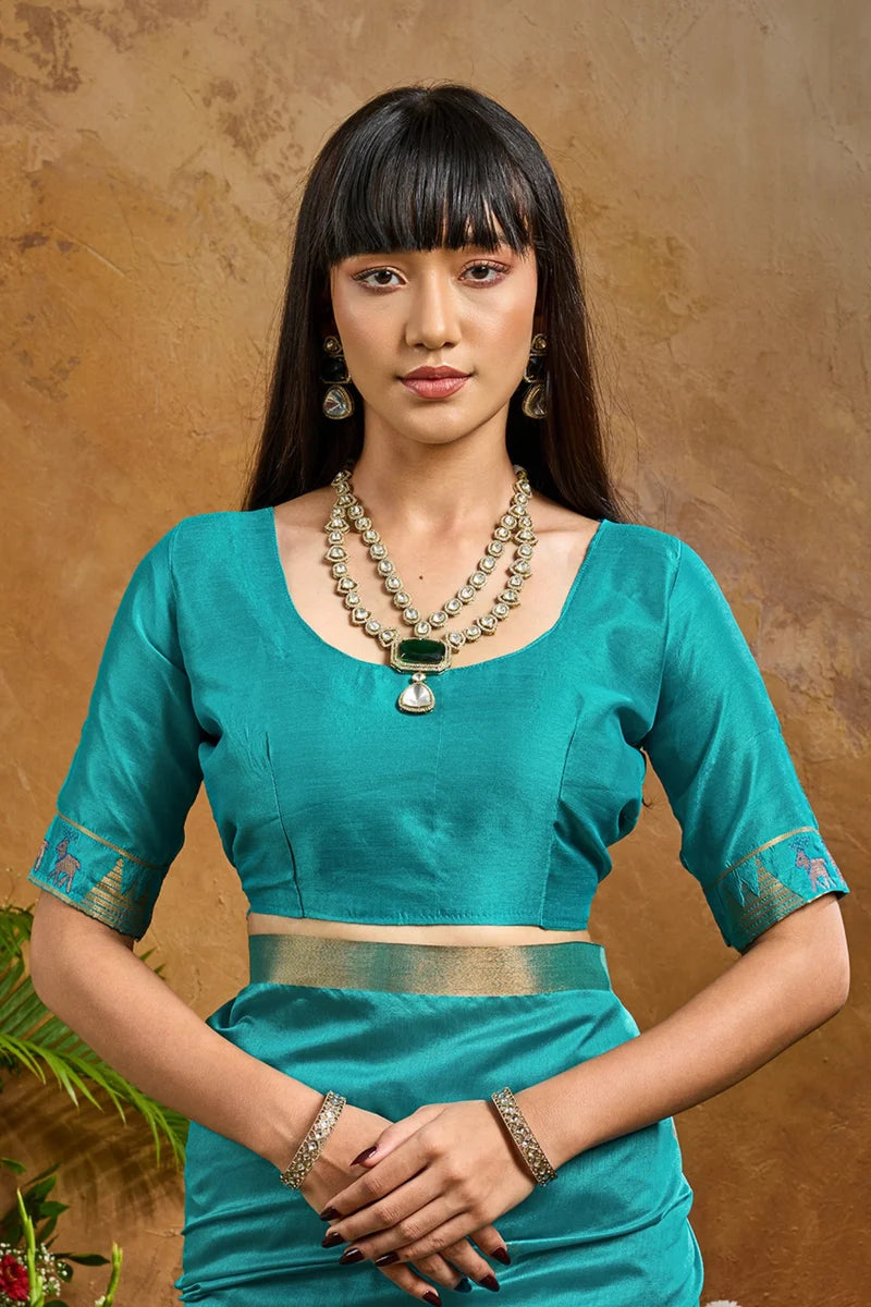 Nayoora Turquoise Blue Tussar Silk Handloom Saree with Traditional Woven Pallu
