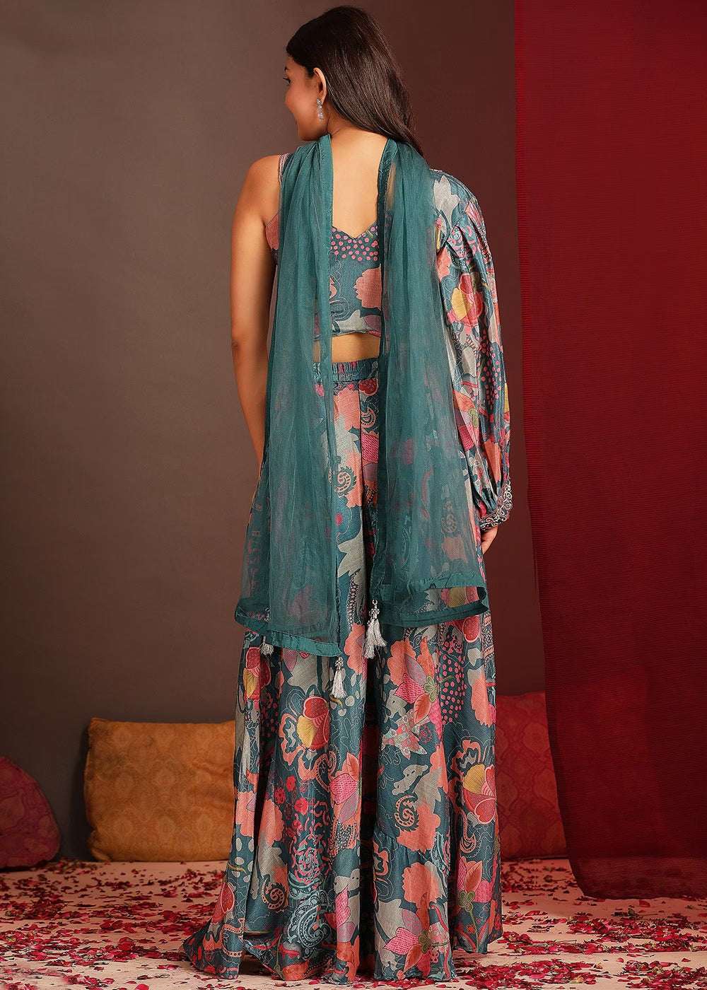 Nayoora Luxe Teal Blue Floral Printed Chinnon Handwork Crop Top & Palazzo Co-Ord Set - Nayoora