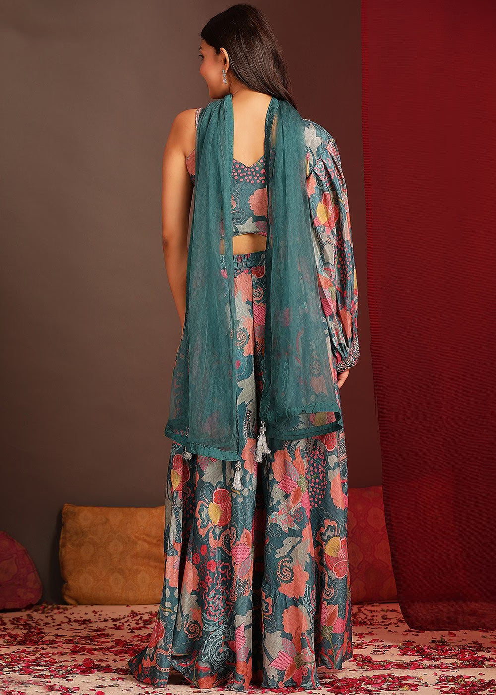 Nayoora Luxe Teal Blue Floral Printed Chinnon Handwork Crop Top & Palazzo Co-Ord Set - Nayoora