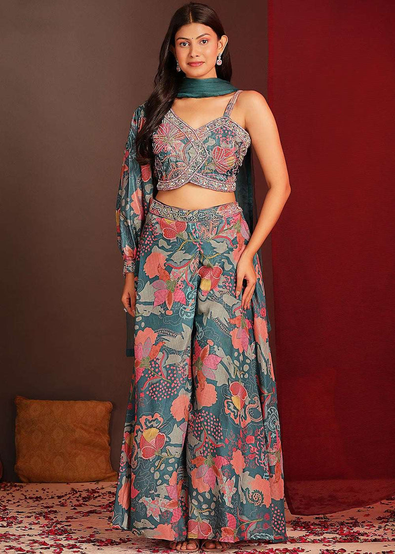 Floral printed crop top and palazzo set in teal with matching drape