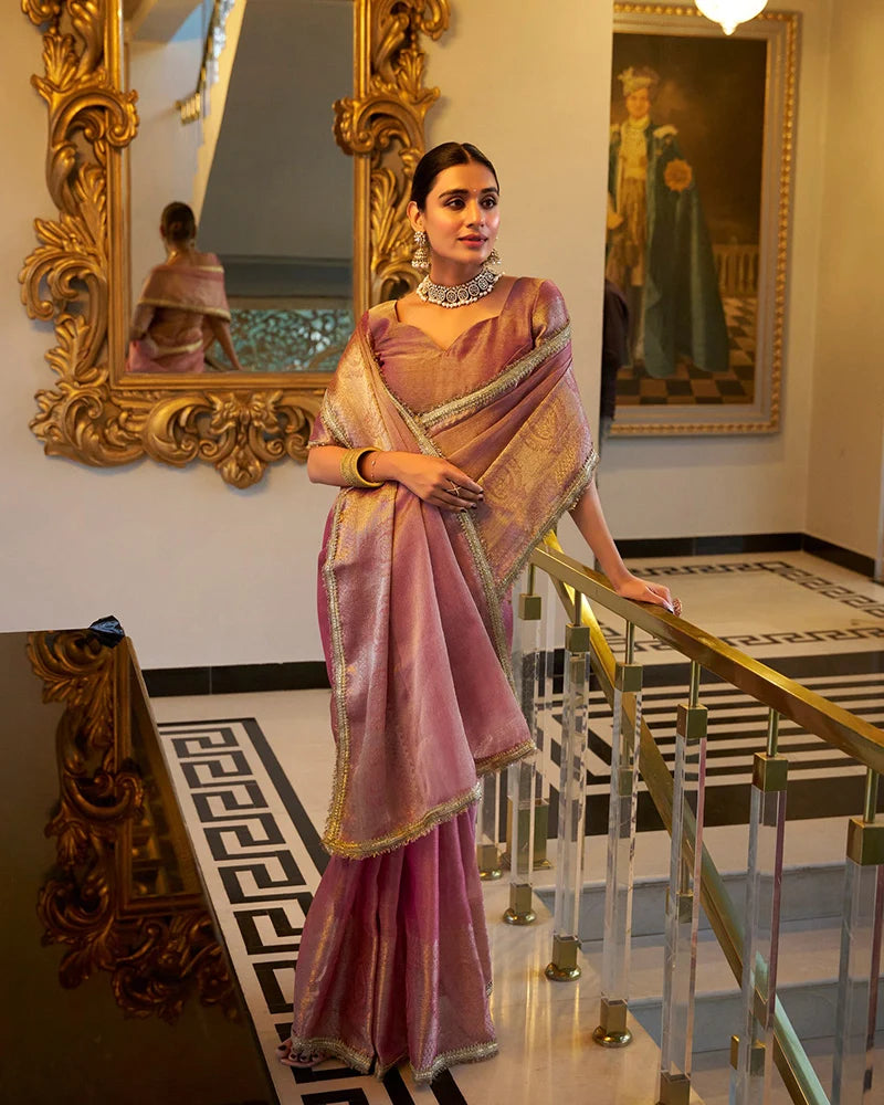 Nayoora Rose Pink Tissue Shimmer Saree with Zari Weaving & Sequins Lace Border