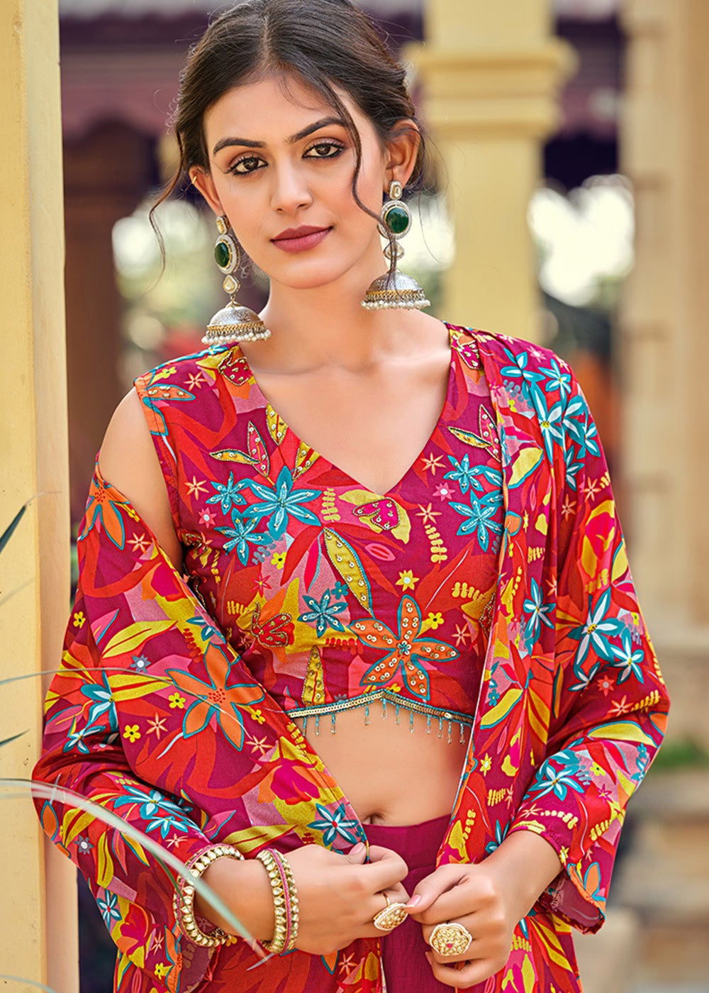 Nayoora Luxe Cherry Red Tropical Floral Print Silk Jacket & Palazzo Co-Ord Set - Nayoora