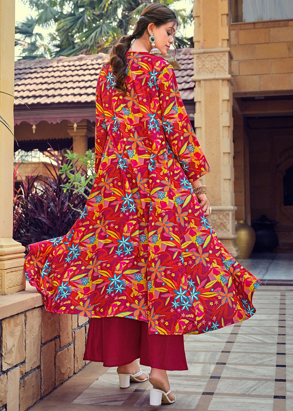 Nayoora Luxe Cherry Red Tropical Floral Print Silk Jacket & Palazzo Co-Ord Set - Nayoora