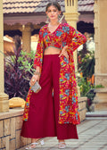 Nayoora Luxe Cherry Red Tropical Floral Print Silk Jacket & Palazzo Co-Ord Set - Nayoora