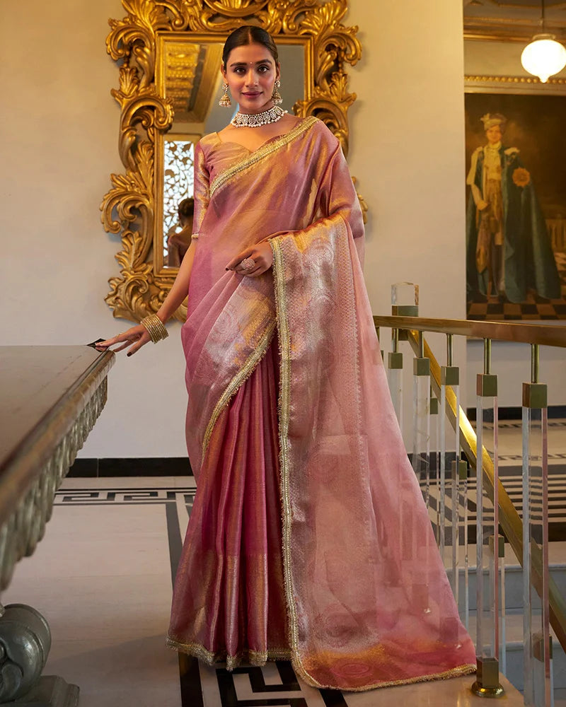 Nayoora Rose Pink Tissue Shimmer Saree with Zari Weaving & Sequins Lace Border