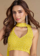 Lemon yellow sequin halter crop top with open neckline and choker detail