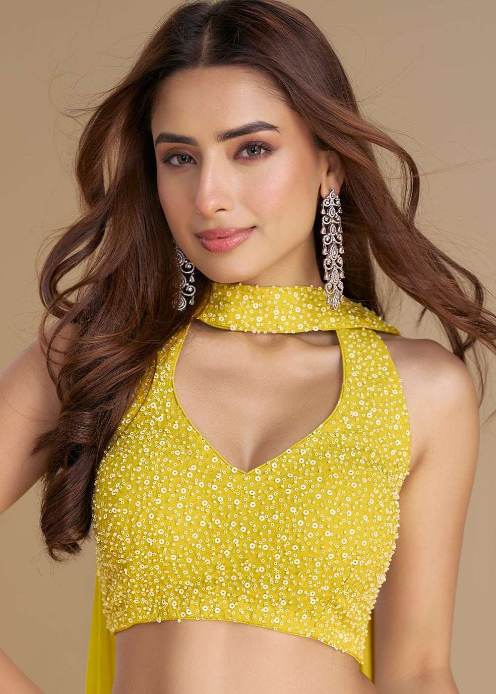 Nayoora Luxe Lemon Yellow Sequin Embellished Halter Neck Palazzo Co-Ord Set - Nayoora
