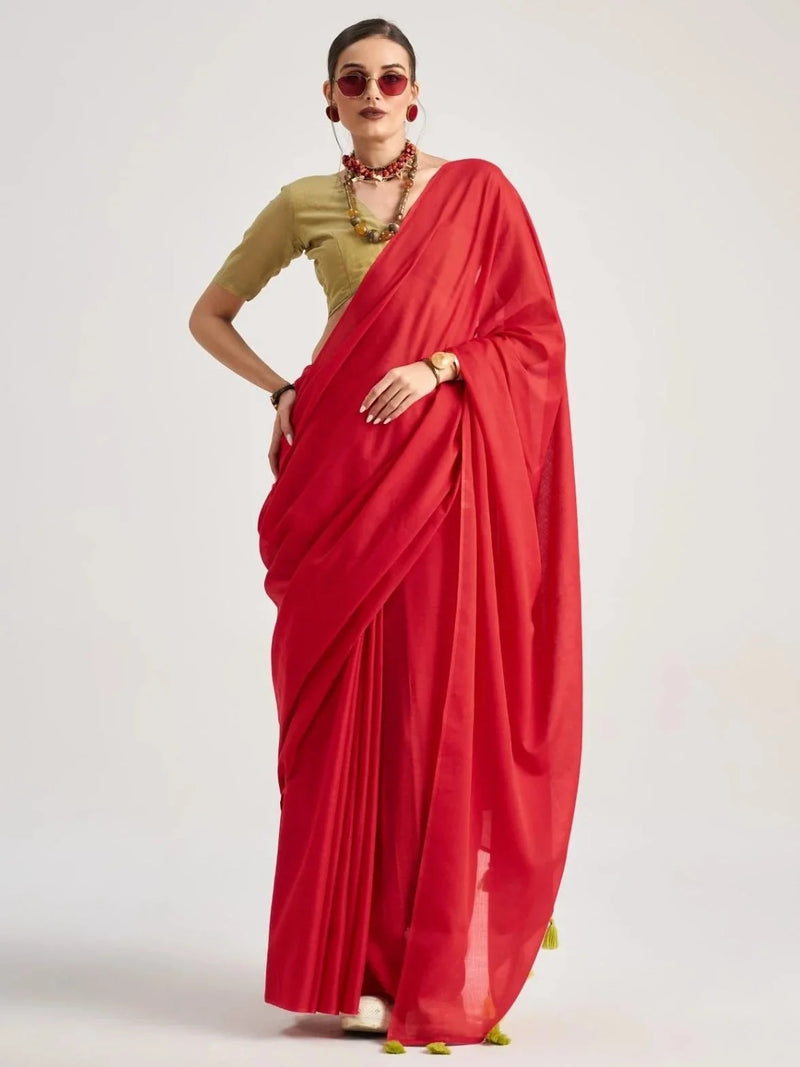 Nayoora Scarlet Red Viscose Mul Liva Saree with Olive Green Blouse & Tassel Pallu