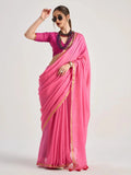 Nayoora Hot Pink Viscose Mul Liva Saree with Gold Border & Tassel Pallu