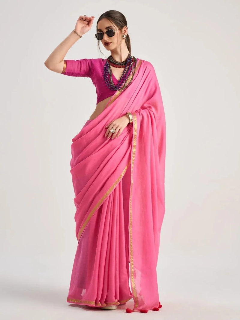 Nayoora Hot Pink Viscose Mul Liva Saree with Gold Border & Tassel Pallu