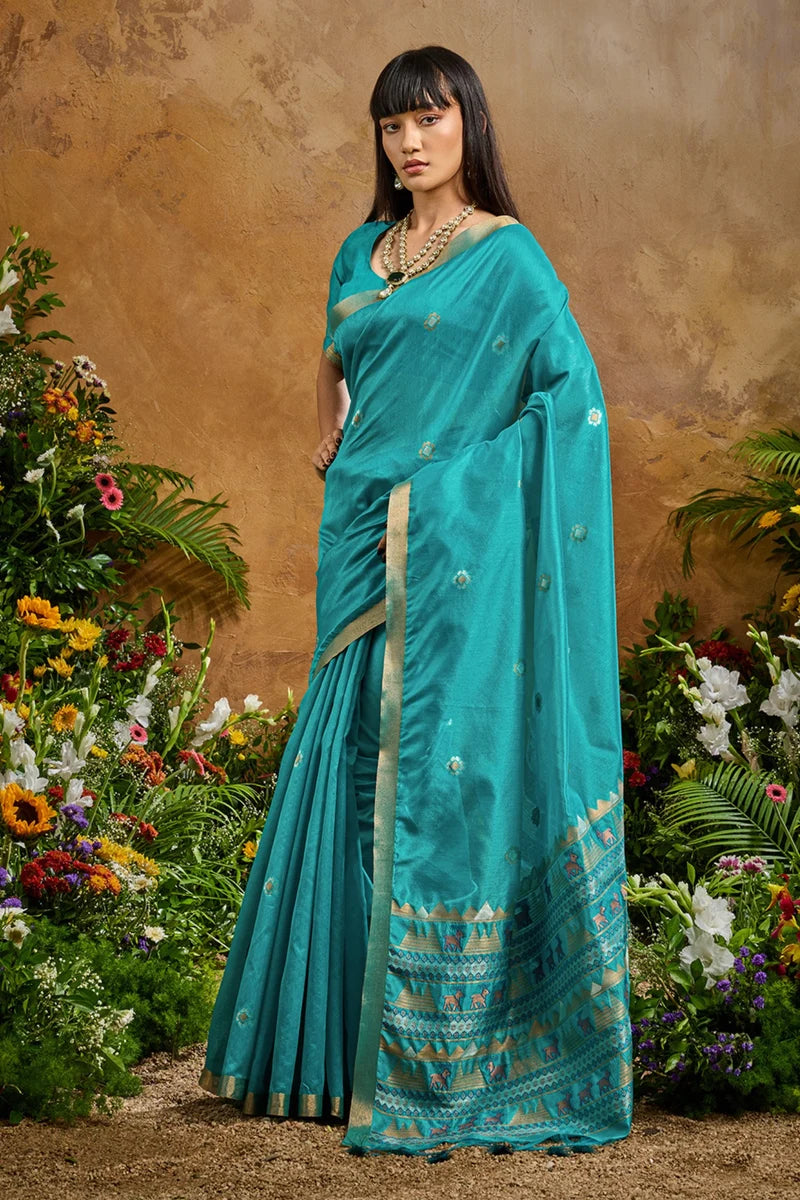 Nayoora Turquoise Blue Tussar Silk Handloom Saree with Traditional Woven Pallu