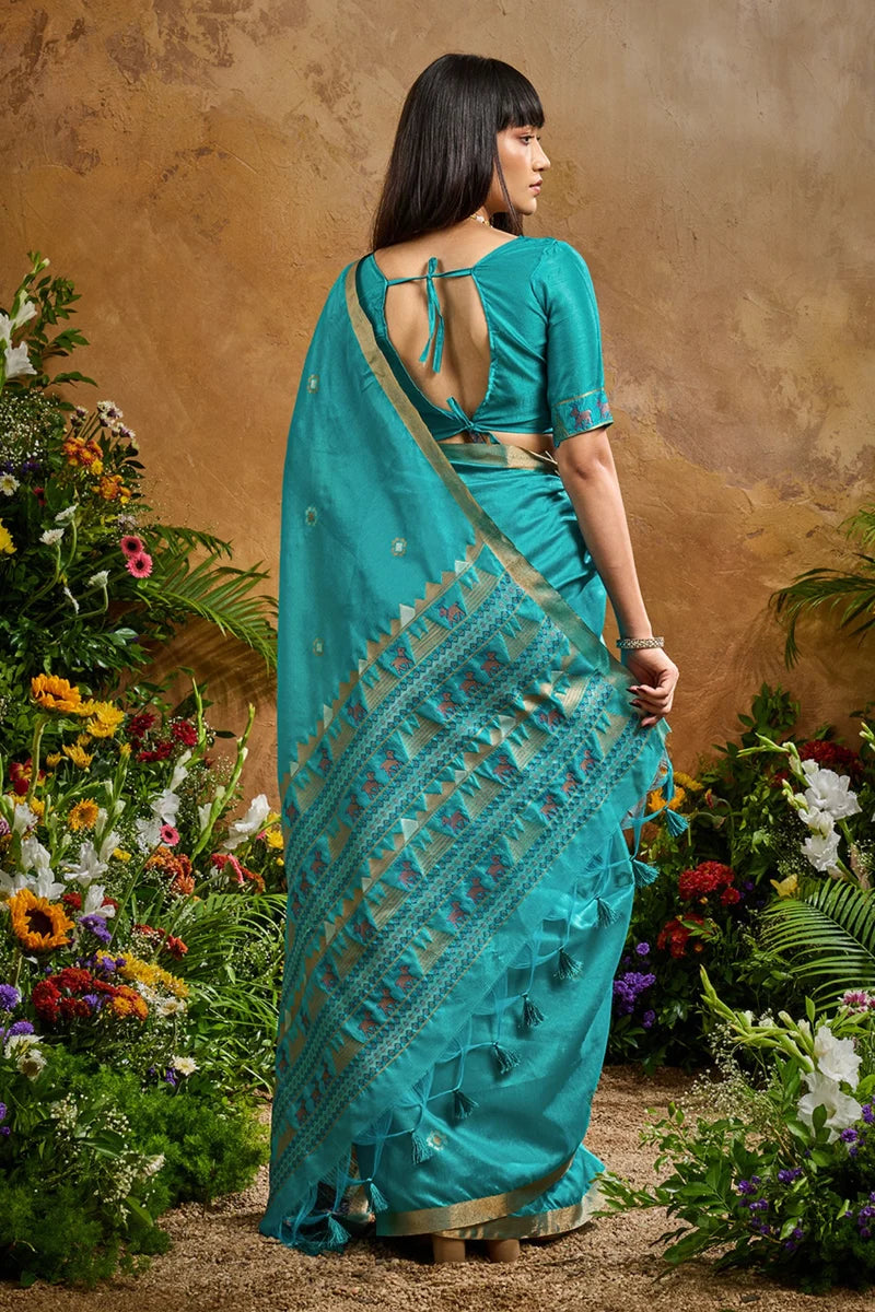 Nayoora Turquoise Blue Tussar Silk Handloom Saree with Traditional Woven Pallu