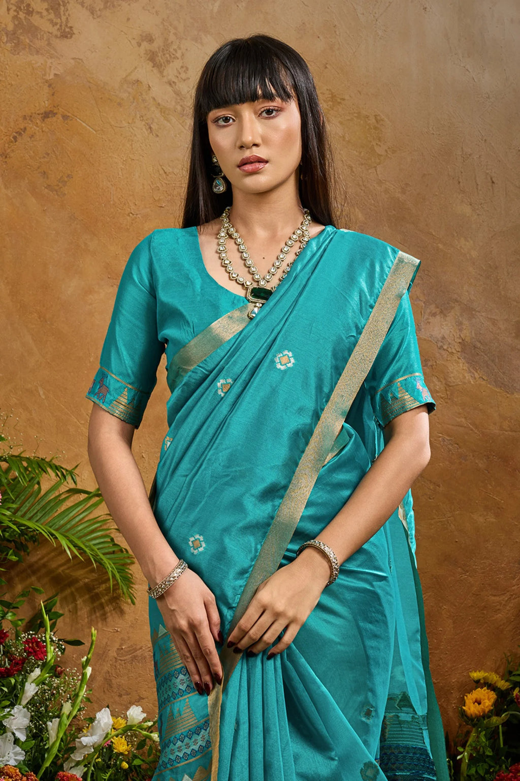 Nayoora Turquoise Blue Tussar Silk Handloom Saree with Traditional Woven Pallu