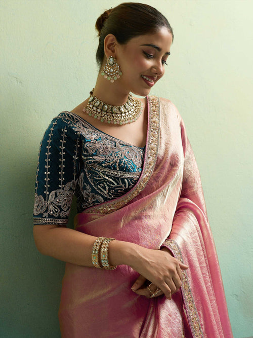 Nayoora Pink Velvet Satin Embroidered Designer Saree