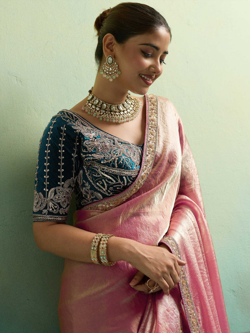 Nayoora Pink Velvet Satin Embroidered Designer Saree