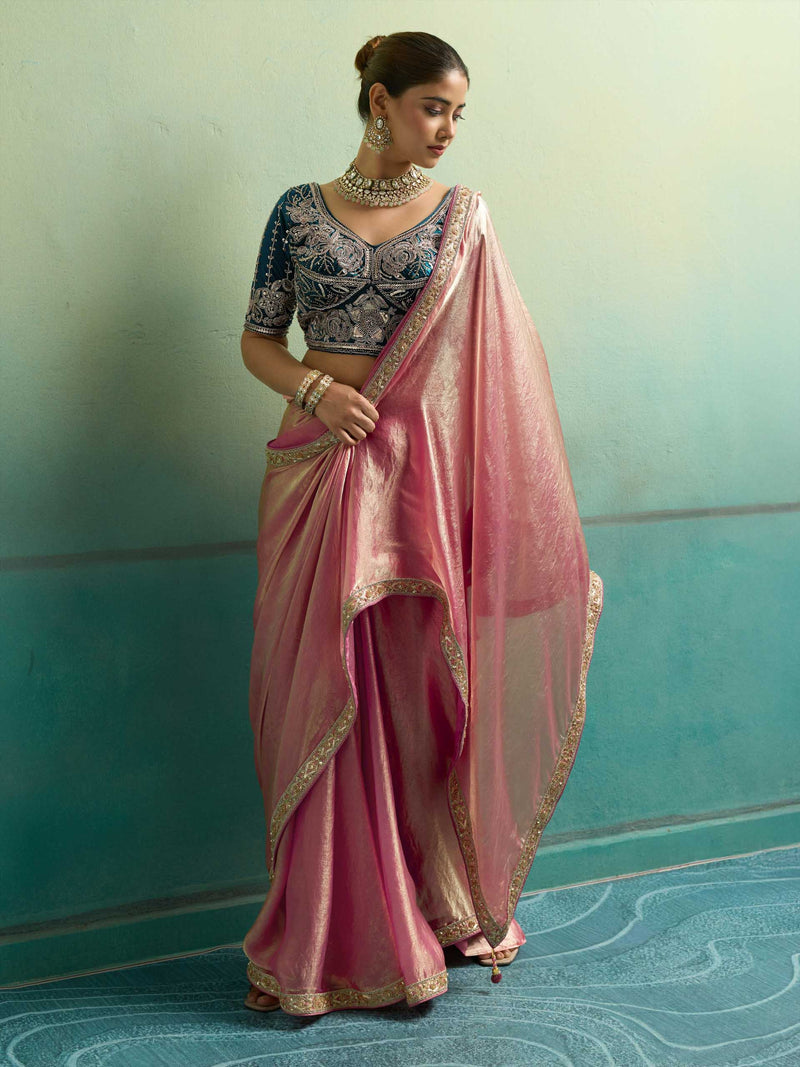 Nayoora Pink Velvet Satin Embroidered Designer Saree