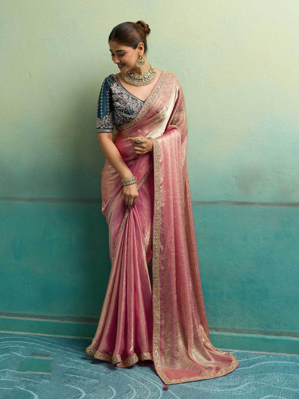 Nayoora Pink Velvet Satin Embroidered Designer Saree
