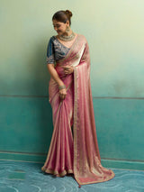 Nayoora Pink Velvet Satin Embroidered Designer Saree